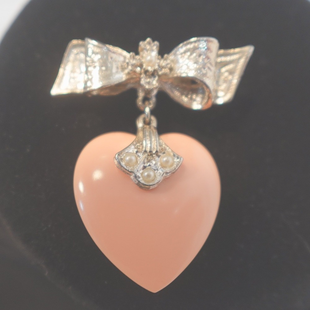 Vintage Dangle Heart Brooch Handmade Pink Silver Tone Victorian Bow Pearl